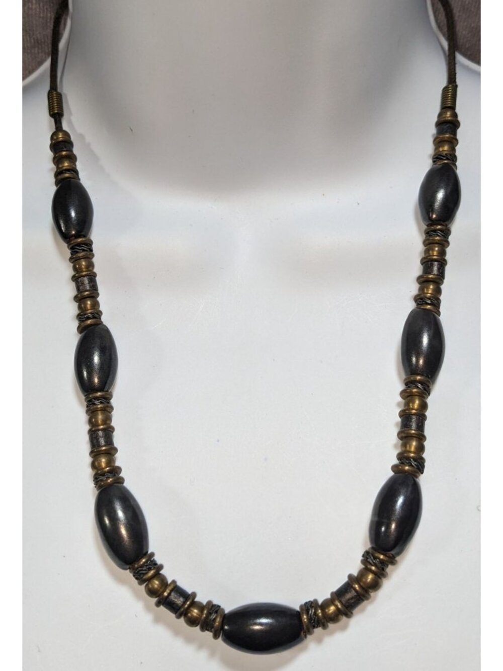 Brutalist Industrial Black Antique Brass Tone Beaded Necklace 20 Inch